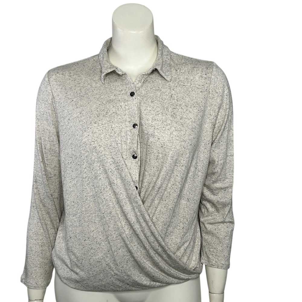 J Jill Top Sz XL Top Shirt Gray Button Front Twist Draped Speckled Long Sleeve